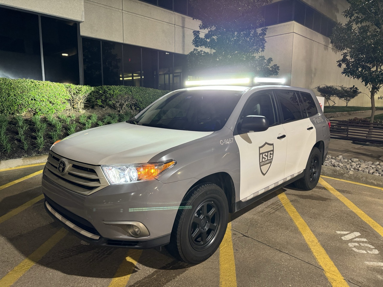 ISG patrol vehicle with its light bar on at night