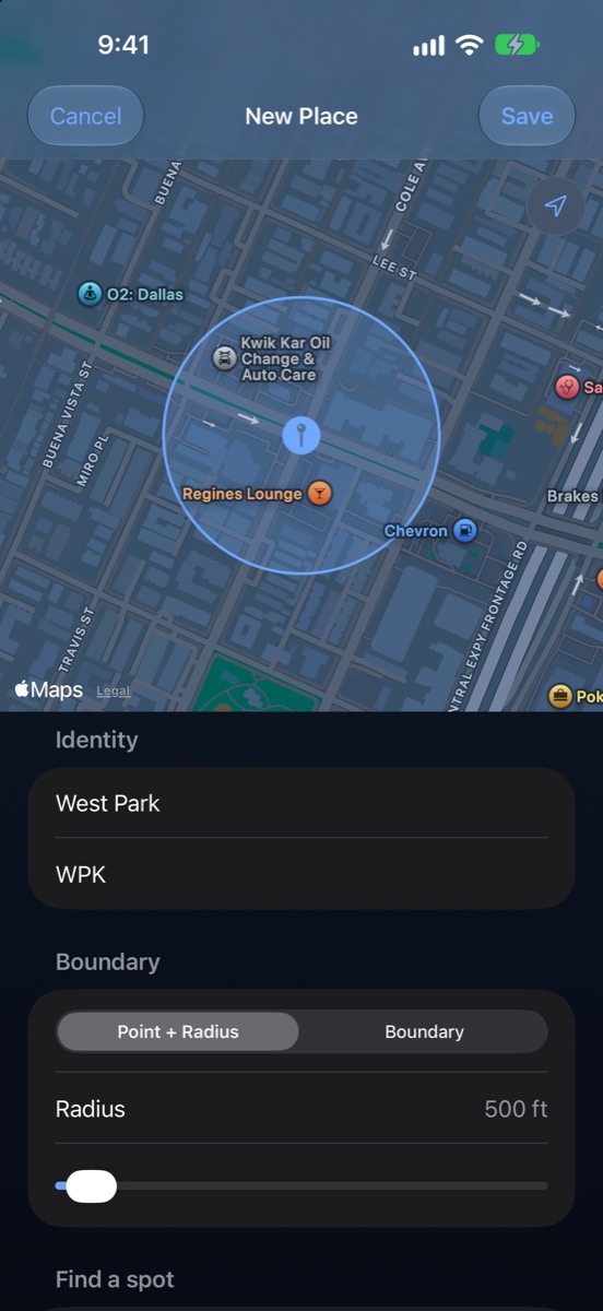 The New Place screen: a map with a circle drawn around a spot, and fields for the name and abbreviation