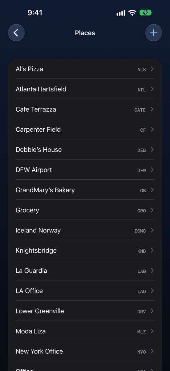 A list of places, each with its abbreviation