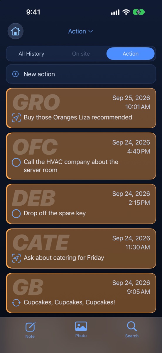 The Action list showing reminders waiting at several places