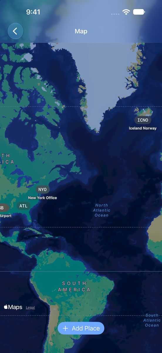 The Map screen showing places labelled by abbreviation, with Add Place at the bottom