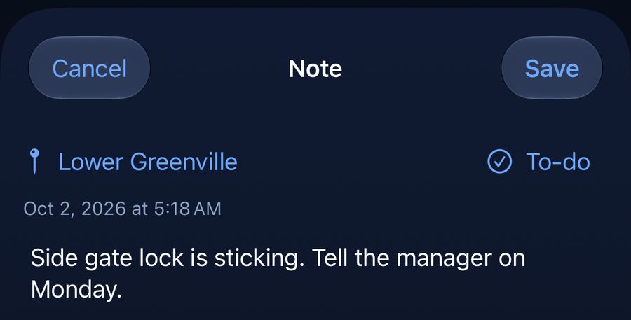 The Note screen with the place Lower Greenville chosen and a note typed