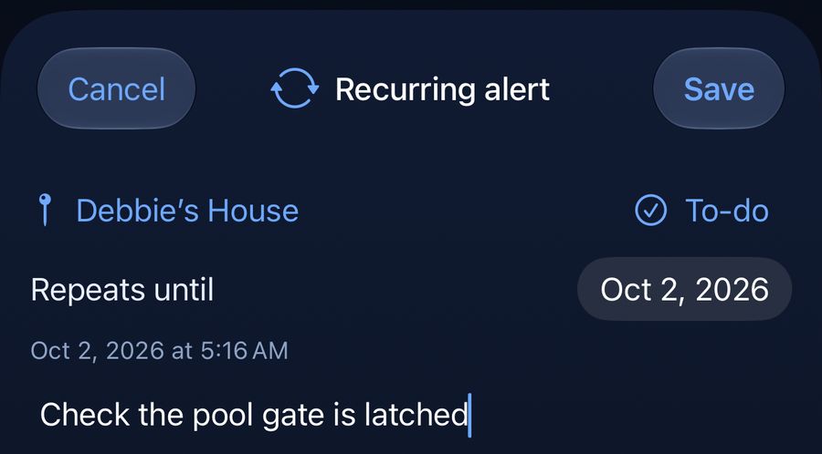 A Recurring alert for Debbie's House with Repeats until set