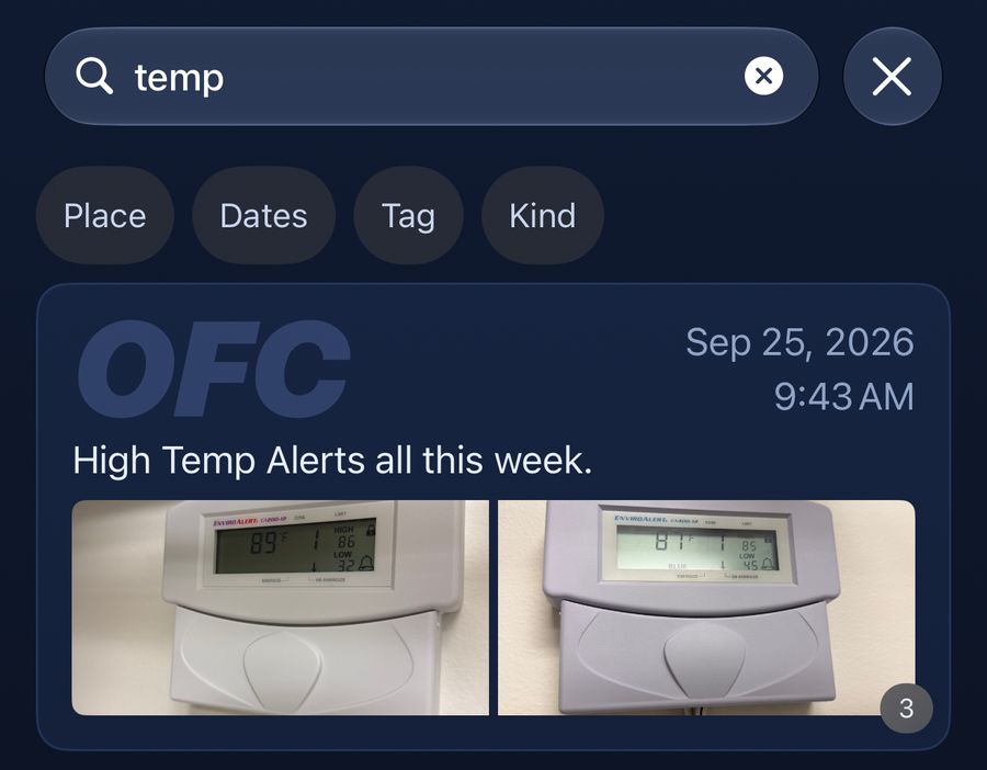 Search for the word temp, finding a note at the Office