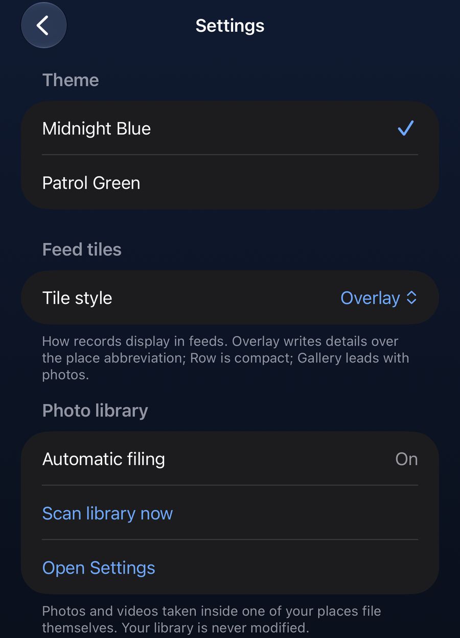 Rondin's Settings screen: Theme, Feed tiles, and Photo library with Automatic filing On and Scan library now