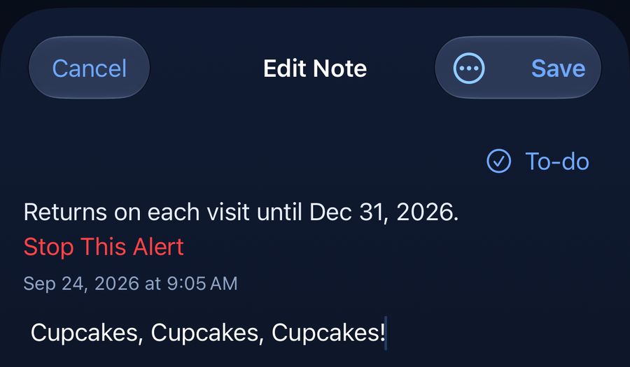 An open recurring alert showing Returns on each visit until Dec 31, 2026, and Stop This Alert