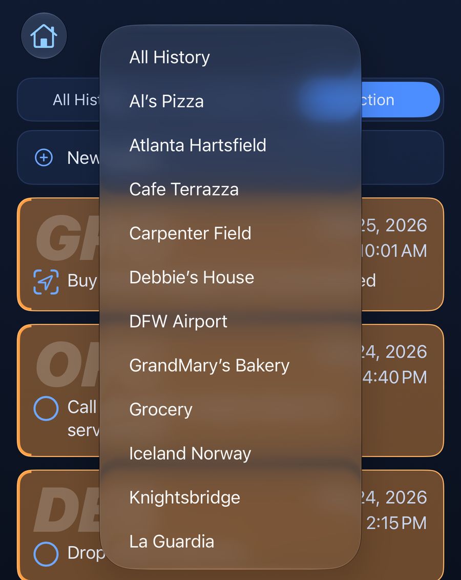 The feed's title menu open, listing All History and each place
